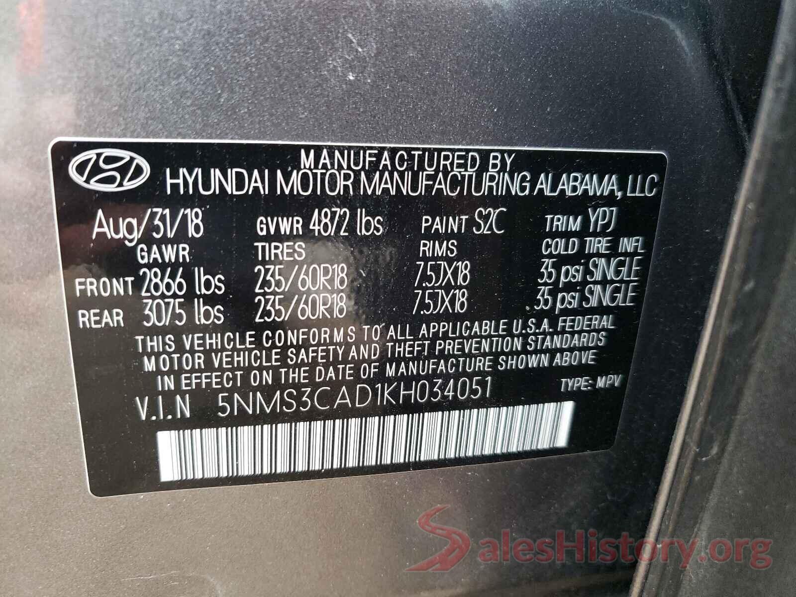 5NMS3CAD1KH034051 2019 HYUNDAI SANTA FE