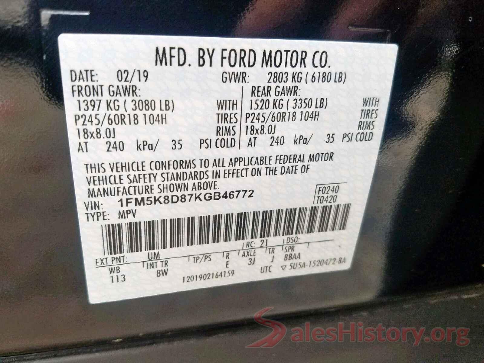 1FM5K8D87KGB46772 2019 FORD EXPLORER