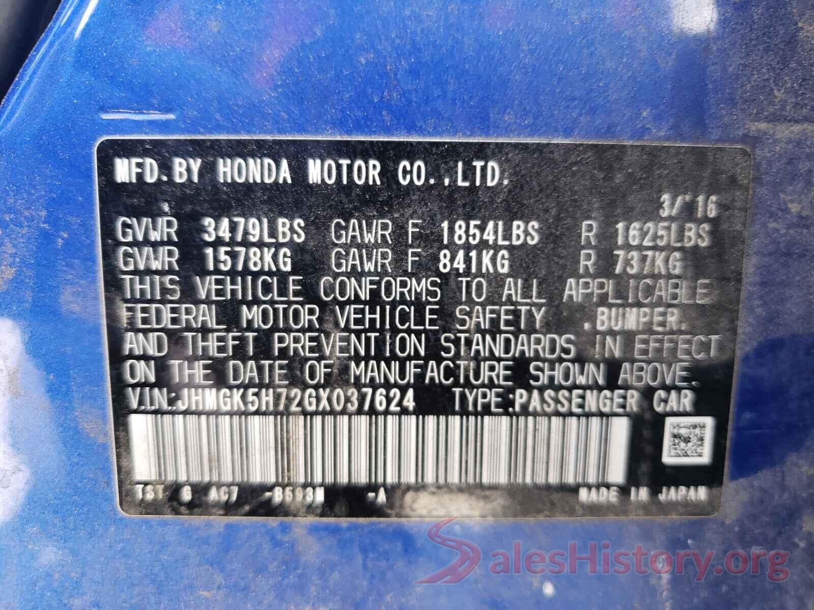 JHMGK5H72GX037624 2016 HONDA FIT