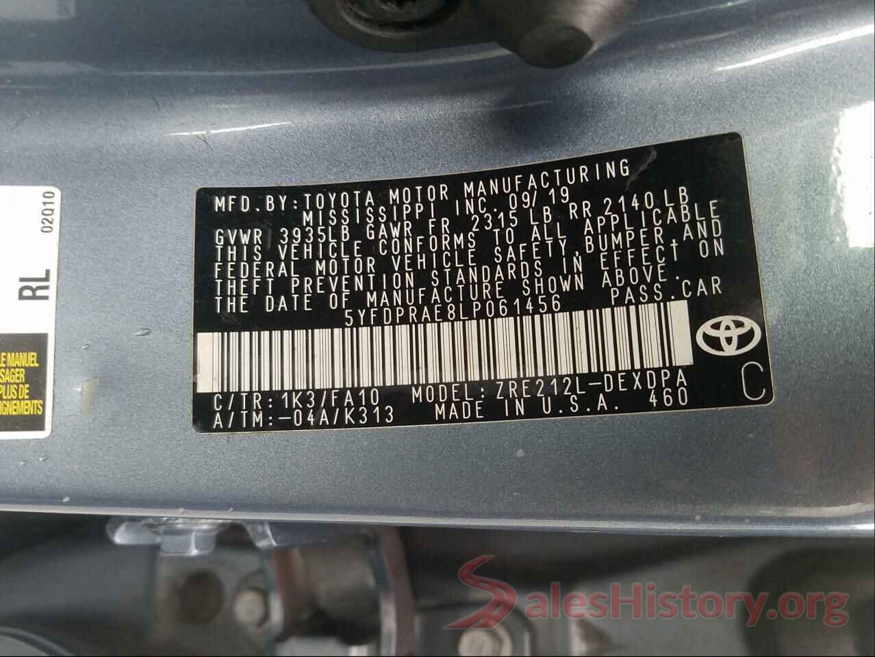 5YFDPRAE8LP061456 2020 TOYOTA COROLLA