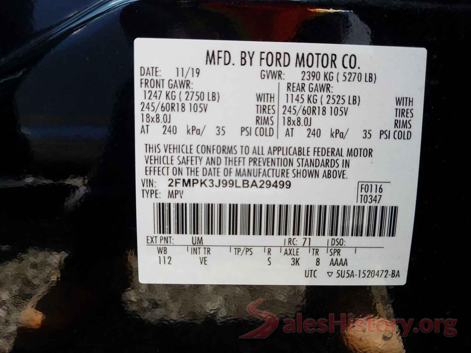 2FMPK3J99LBA29499 2020 FORD EDGE