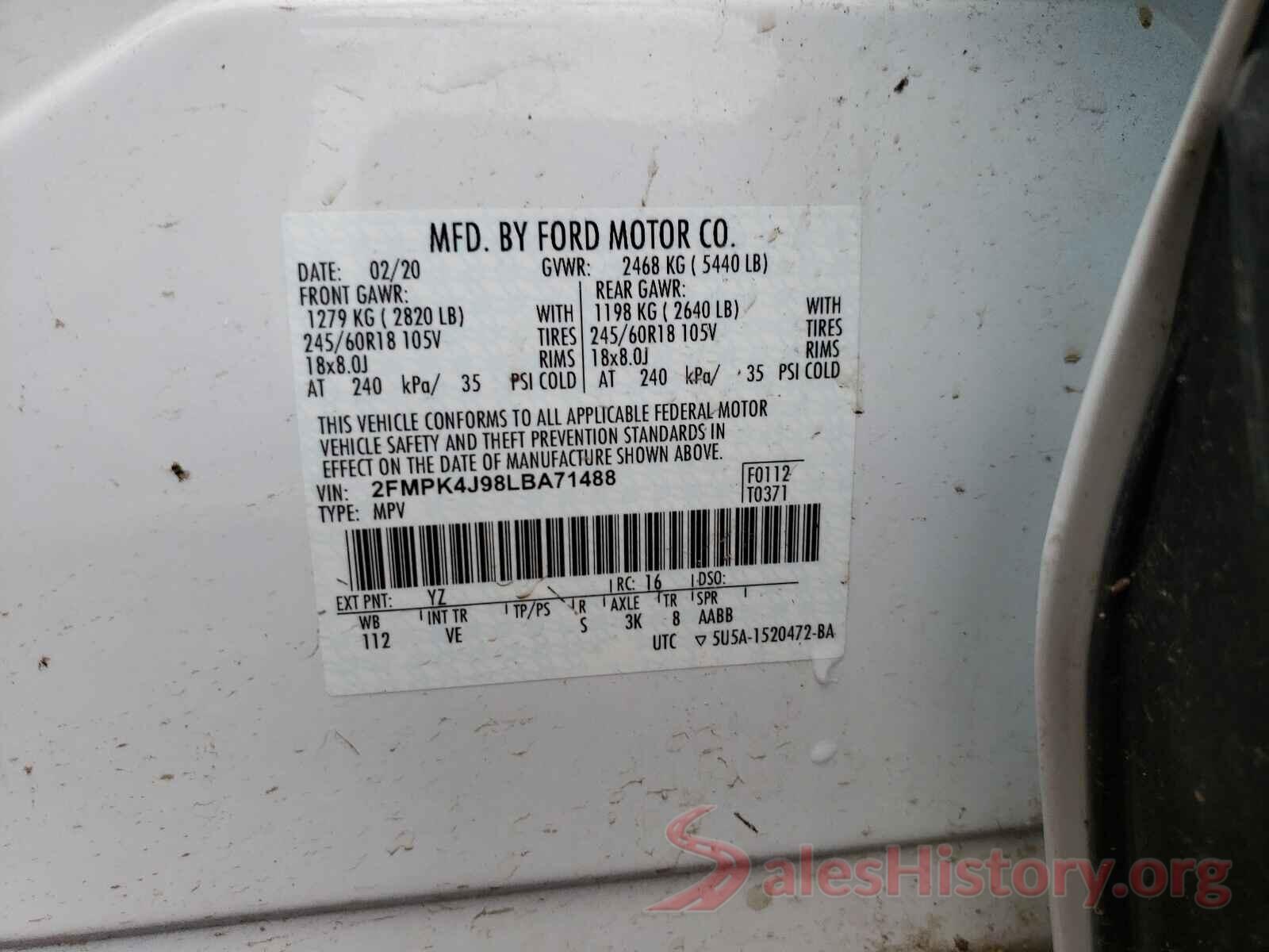 2FMPK4J98LBA71488 2020 FORD EDGE