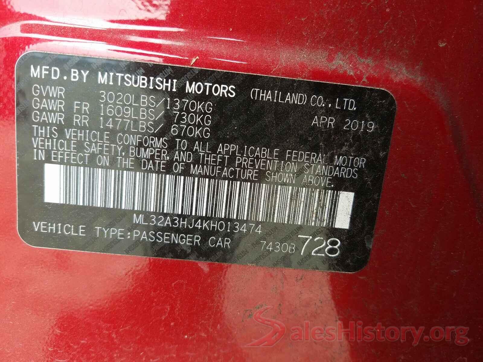 ML32A3HJ4KH013474 2019 MITSUBISHI MIRAGE