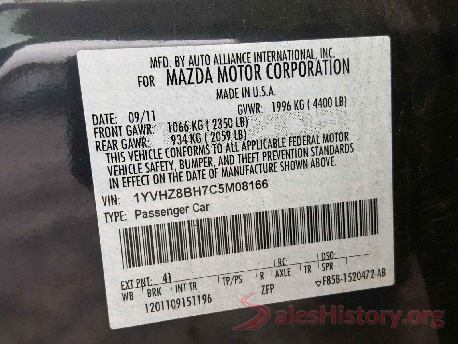 1YVHZ8BH7C5M08166 2012 MAZDA 6