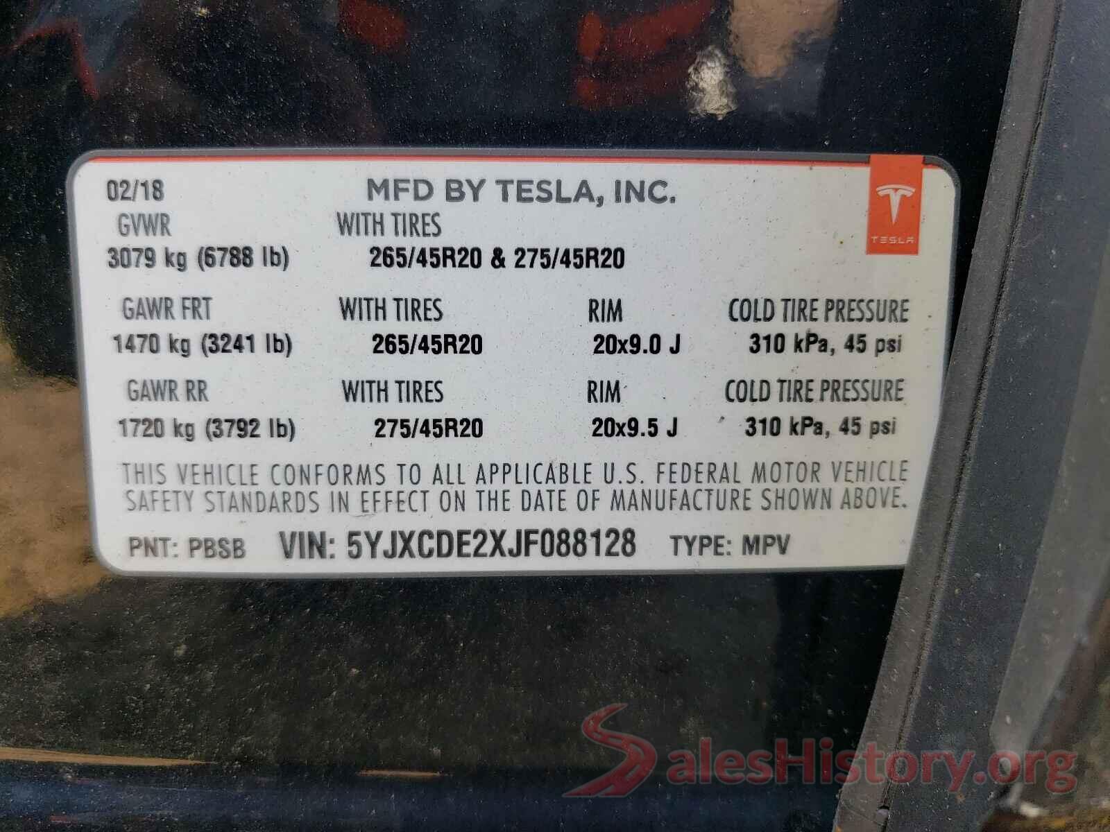 5YJXCDE2XJF088128 2018 TESLA MODEL X