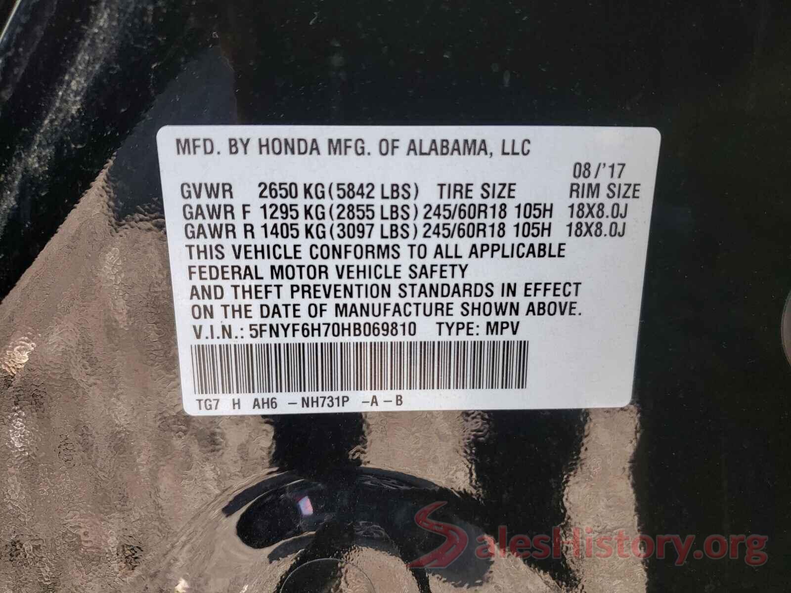 5FNYF6H70HB069810 2017 HONDA PILOT