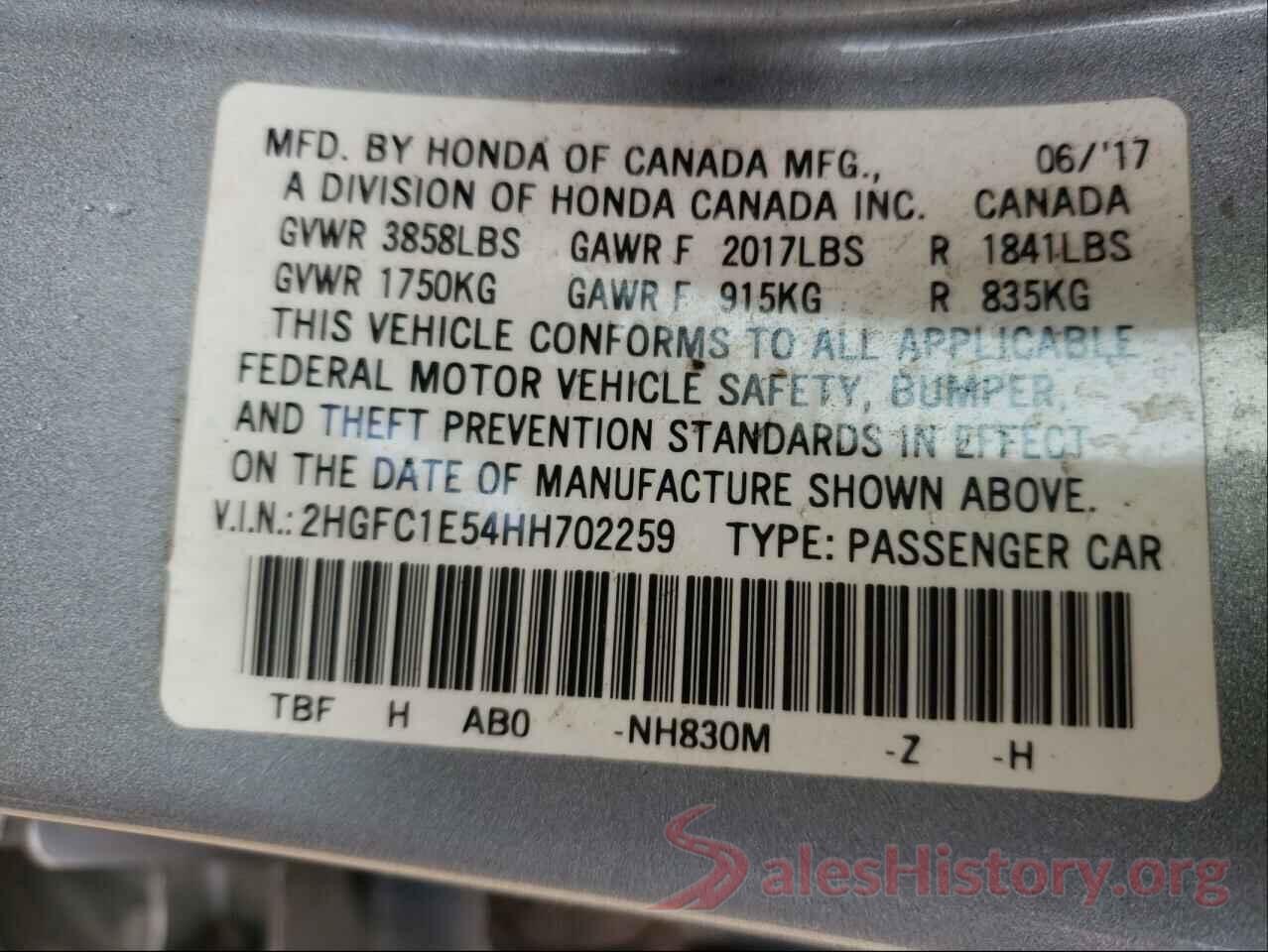 2HGFC1E54HH702259 2017 HONDA CIVIC