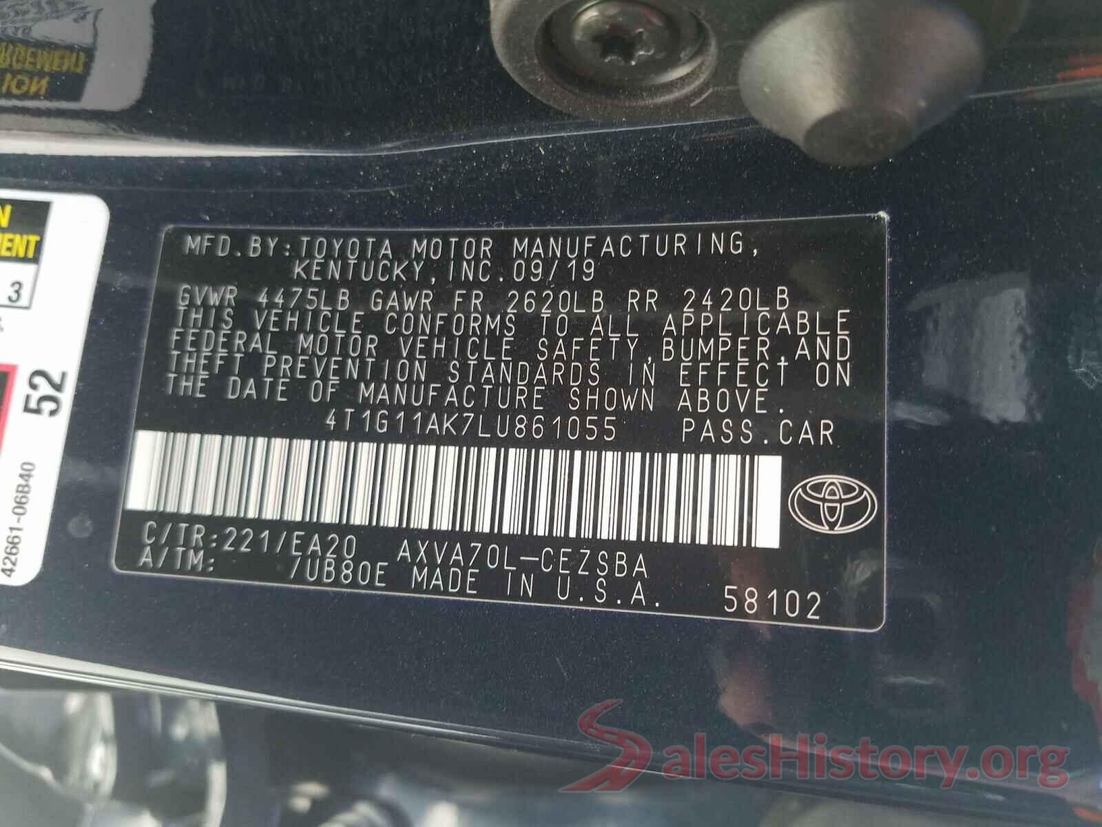 4T1G11AK7LU861055 2020 TOYOTA CAMRY