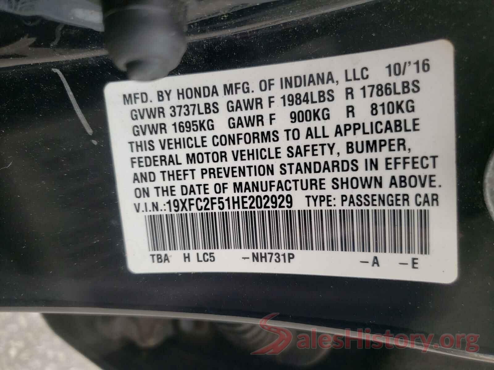 19XFC2F51HE202929 2017 HONDA CIVIC