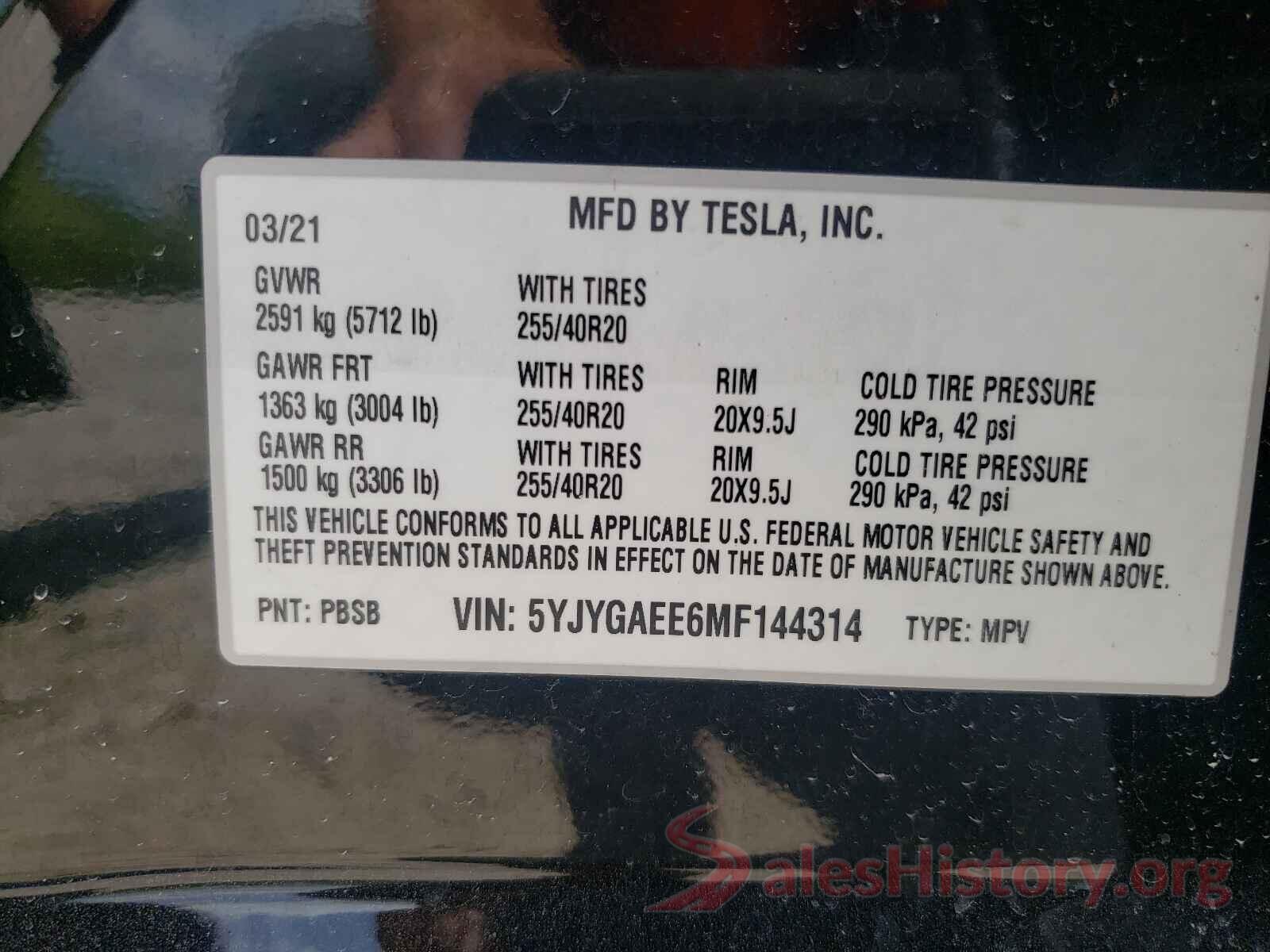 5YJYGAEE6MF144314 2021 TESLA MODEL Y