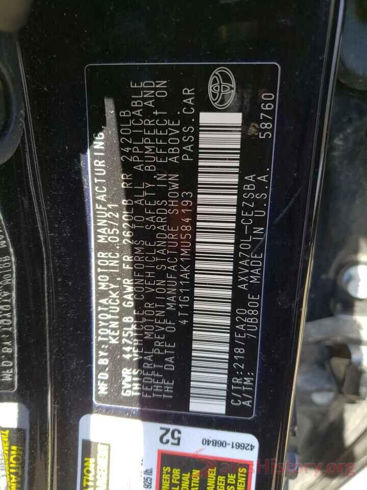 4T1G11AK1MU584193 2021 TOYOTA CAMRY