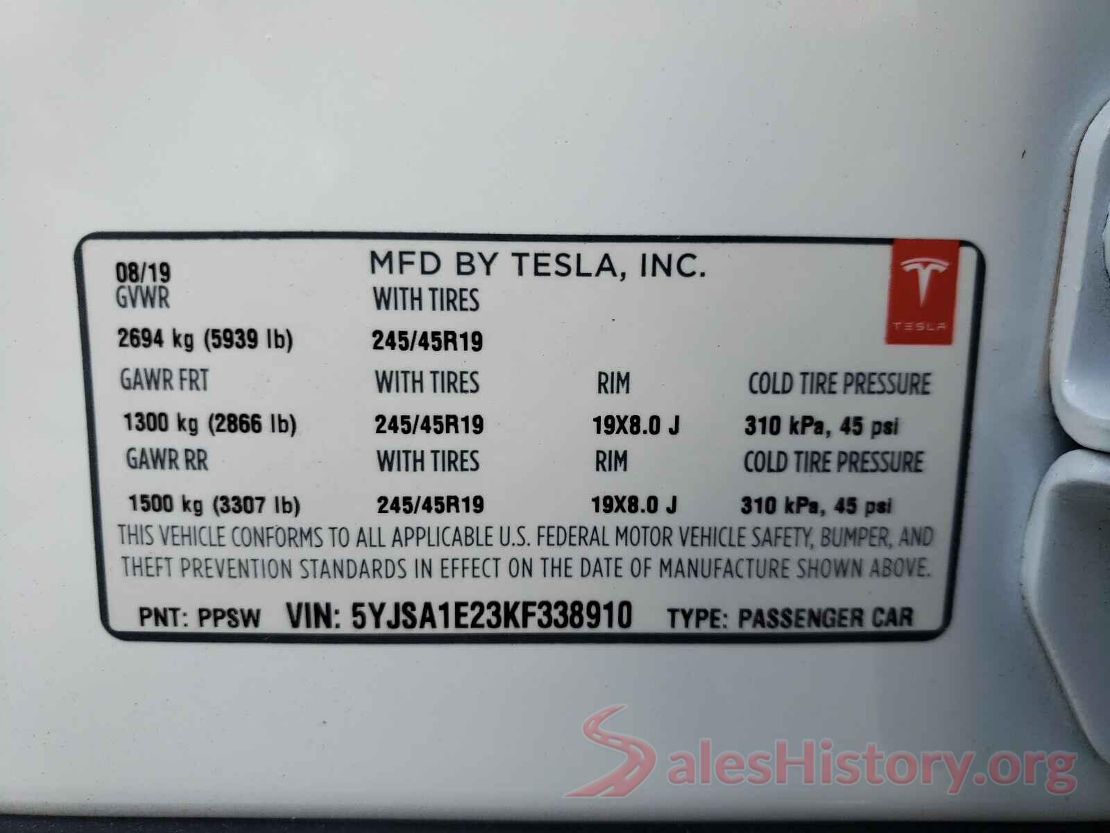 5YJSA1E23KF338910 2019 TESLA MODEL S