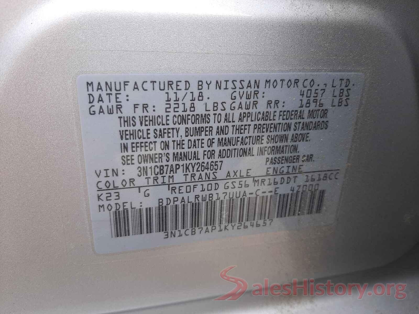 3N1CB7AP1KY264657 2019 NISSAN SENTRA