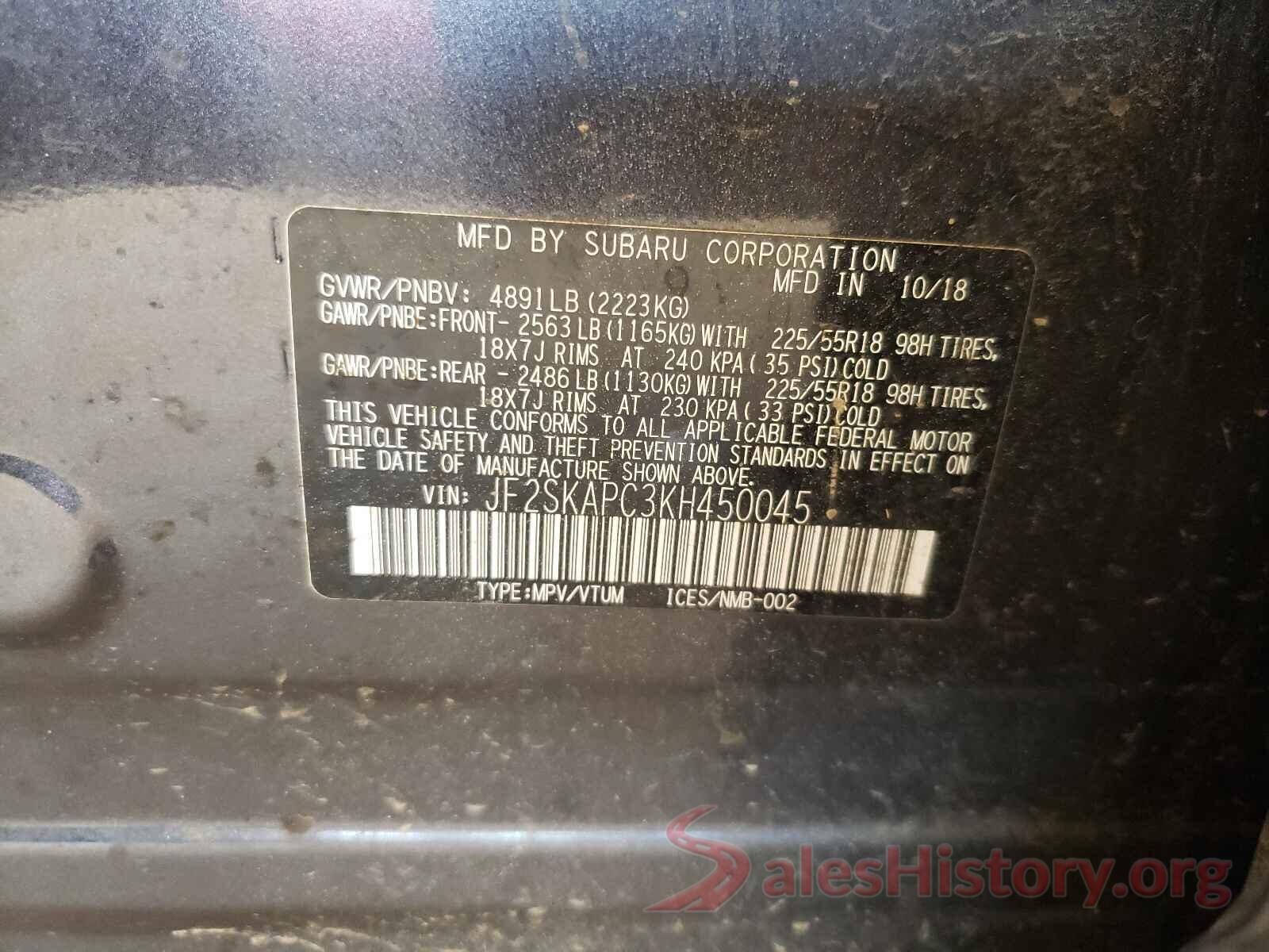 JF2SKAPC3KH450045 2019 SUBARU FORESTER