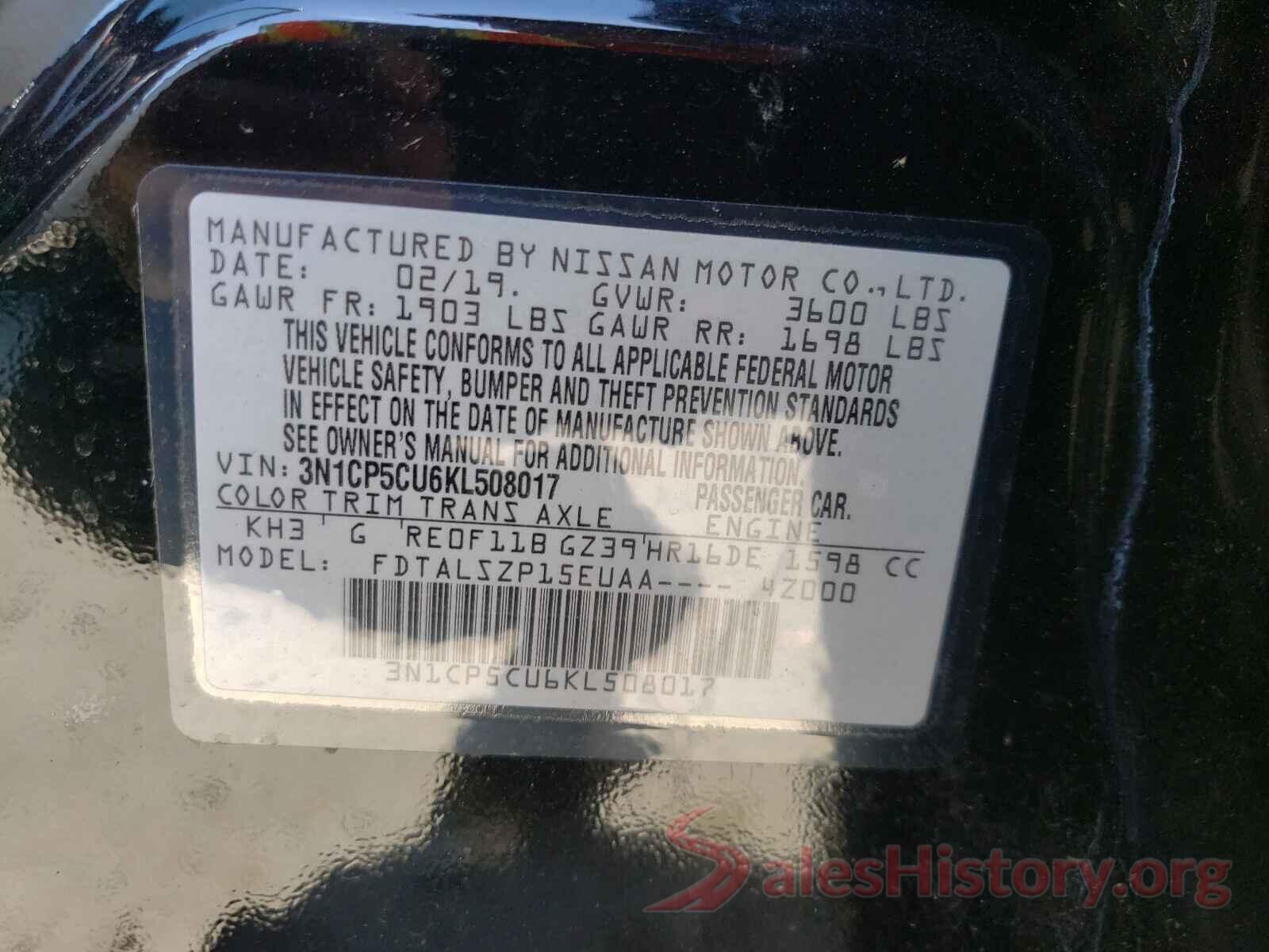 3N1CP5CU6KL508017 2019 NISSAN KICKS