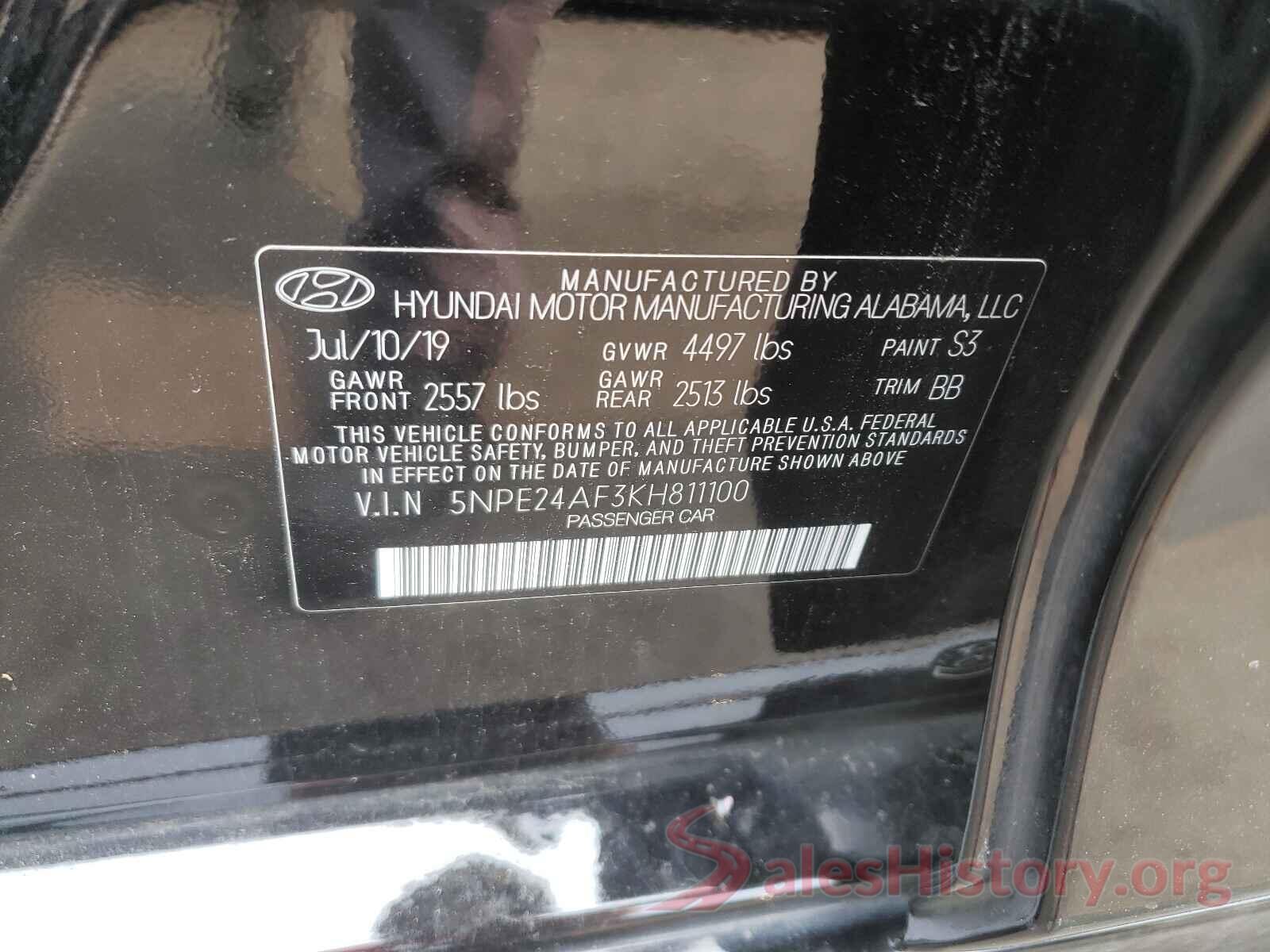 5NPE24AF3KH811100 2019 HYUNDAI SONATA