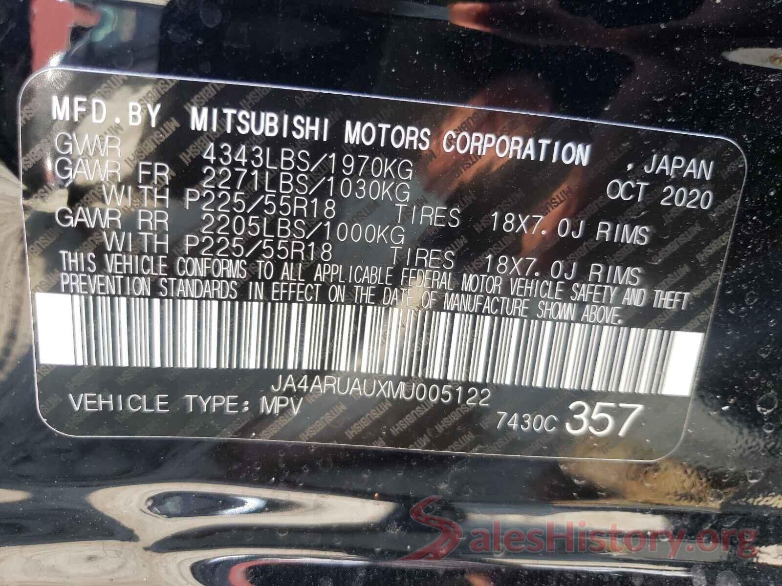 JA4ARUAUXMU005122 2021 MITSUBISHI OUTLANDER