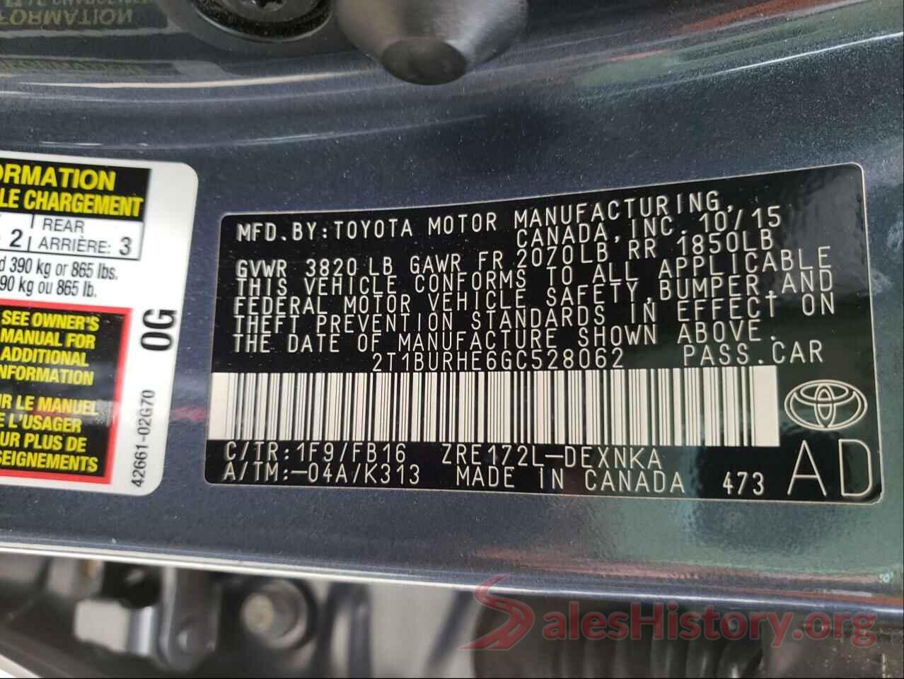 2T1BURHE6GC528062 2016 TOYOTA COROLLA