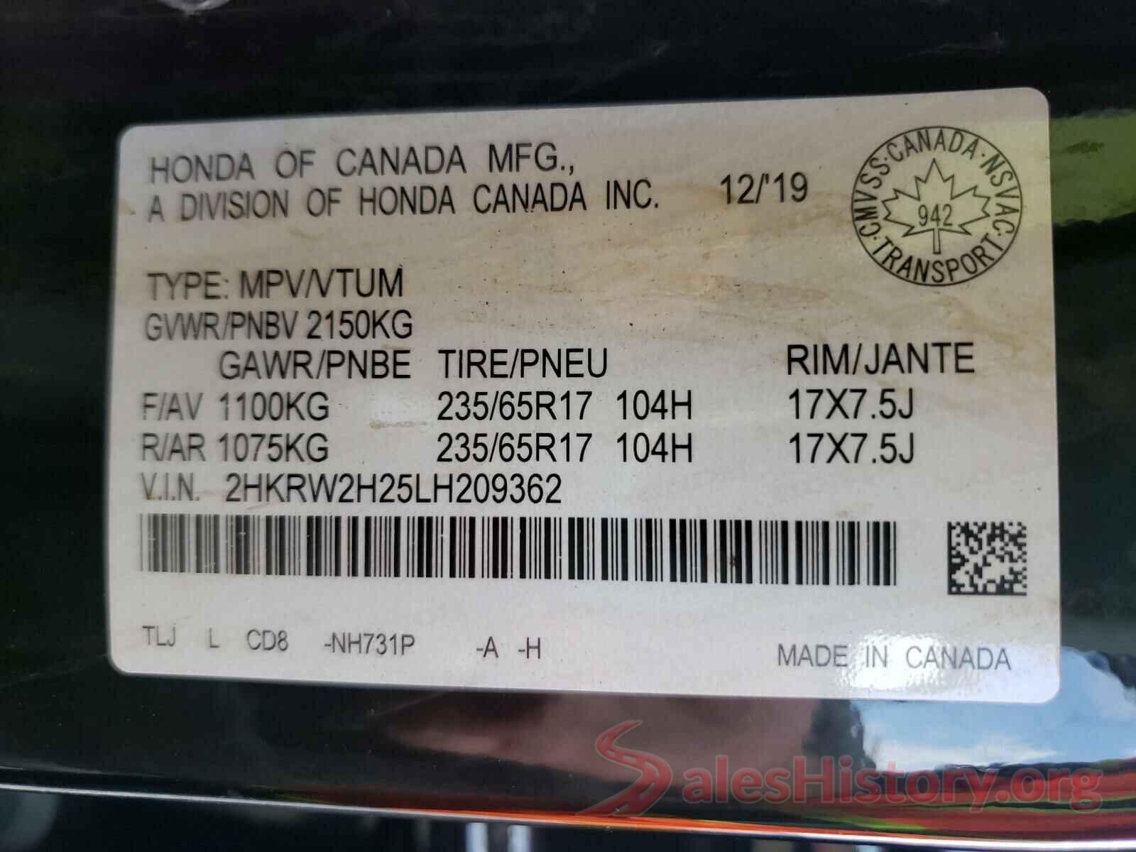 2HKRW2H25LH209362 2020 HONDA CRV