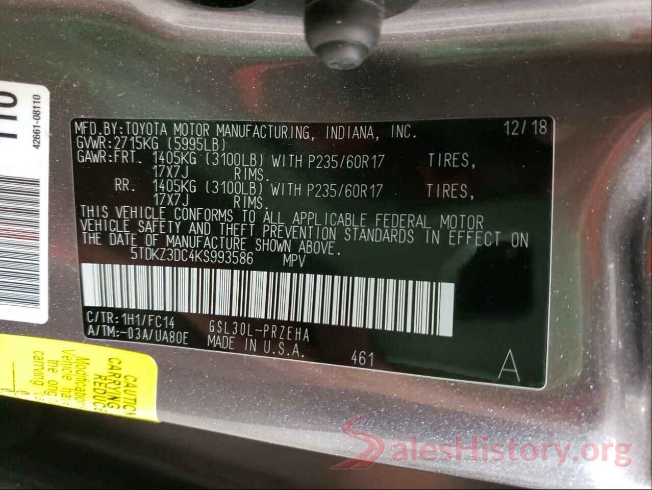 5TDKZ3DC4KS993586 2019 TOYOTA SIENNA