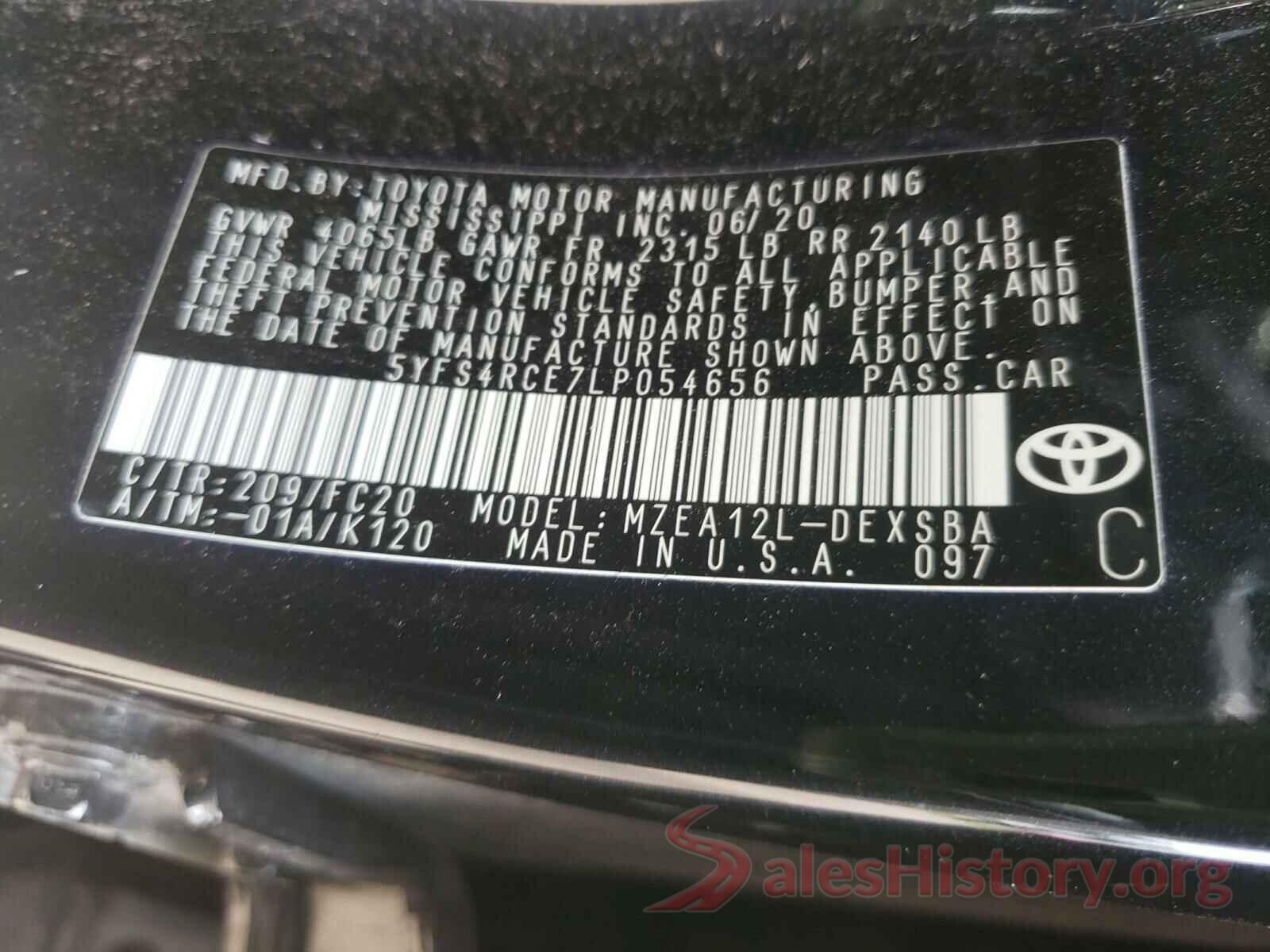 5YFS4RCE7LP054656 2020 TOYOTA COROLLA