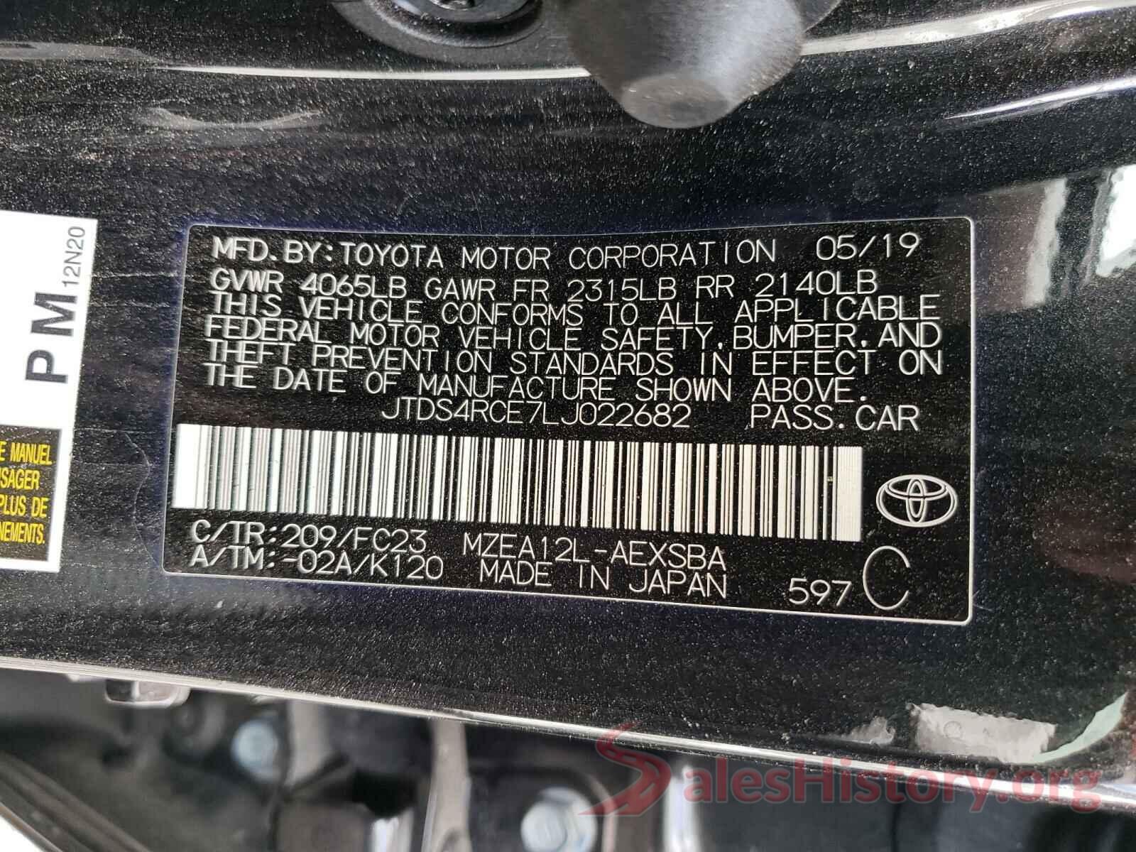 JTDS4RCE7LJ022682 2020 TOYOTA COROLLA