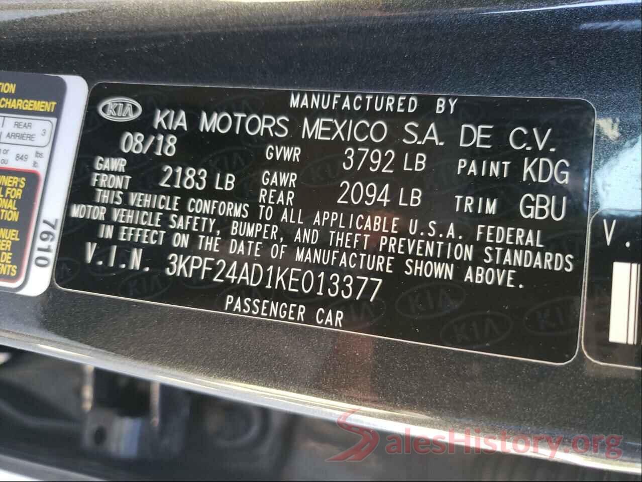 3KPF24AD1KE013377 2019 KIA FORTE