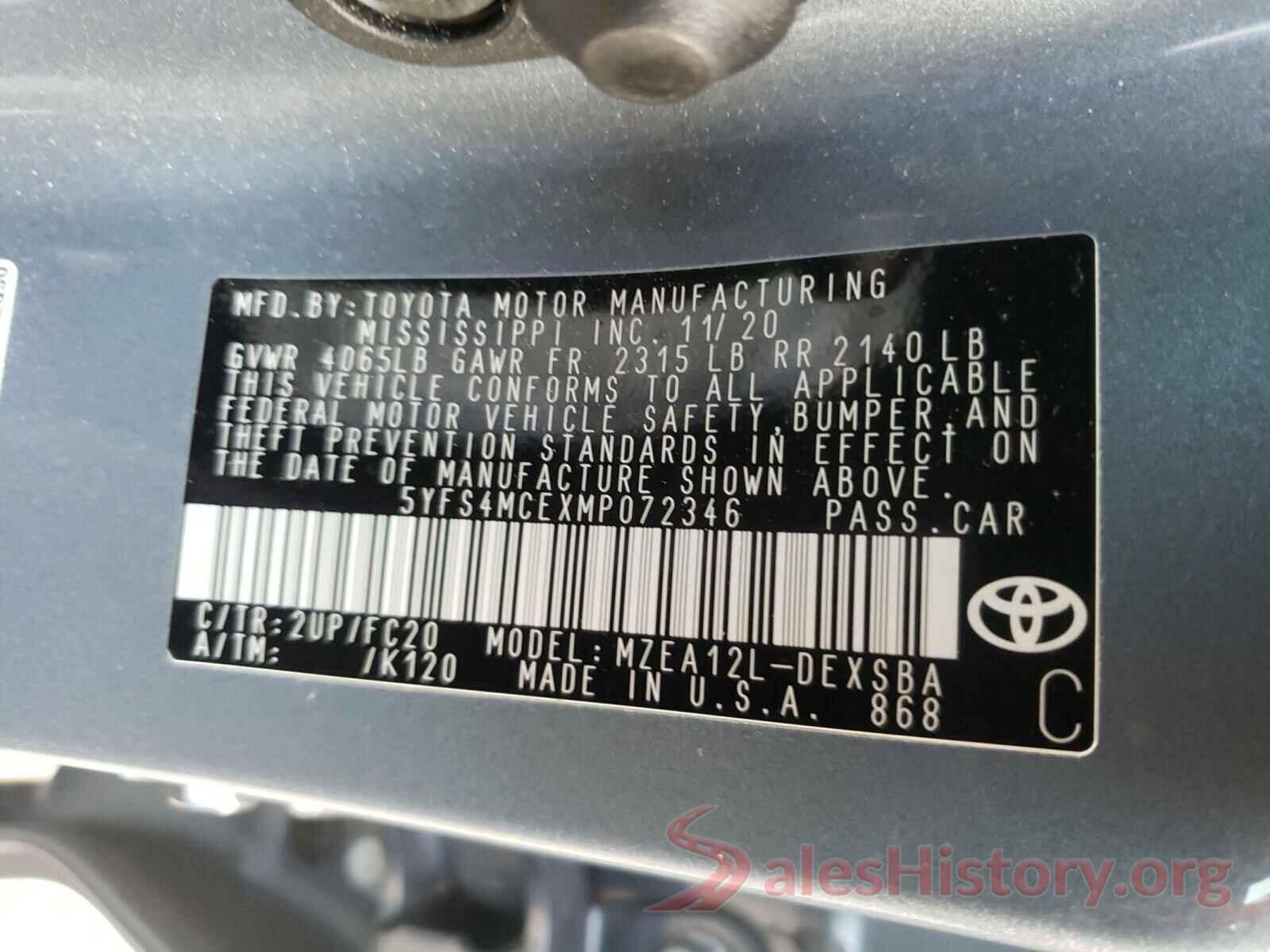 5YFS4MCEXMP072346 2021 TOYOTA COROLLA