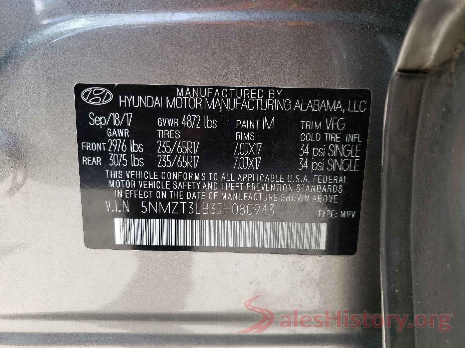 5NMZT3LB3JH080943 2018 HYUNDAI SANTA FE