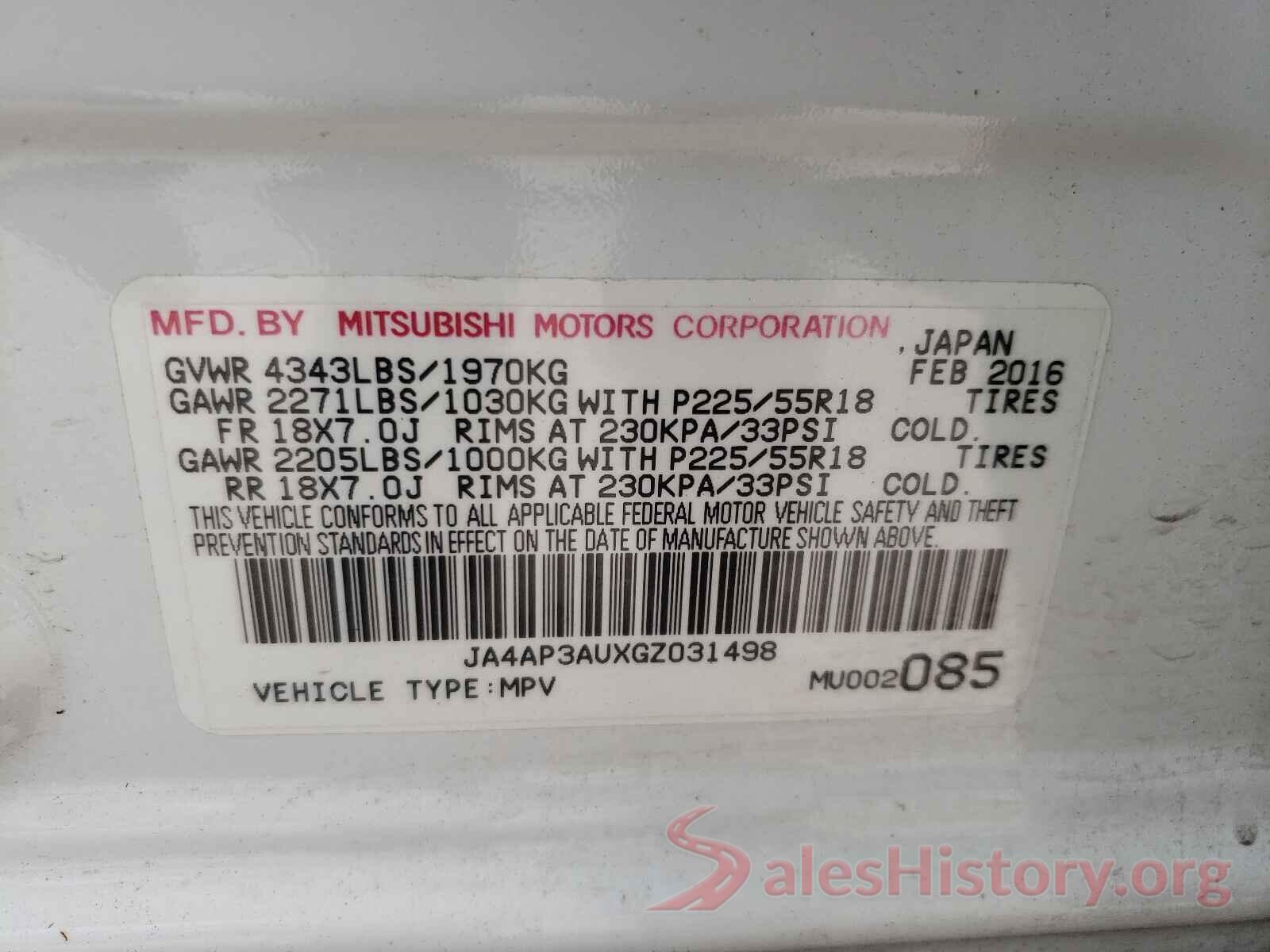 JA4AP3AUXGZ031498 2016 MITSUBISHI OUTLANDER