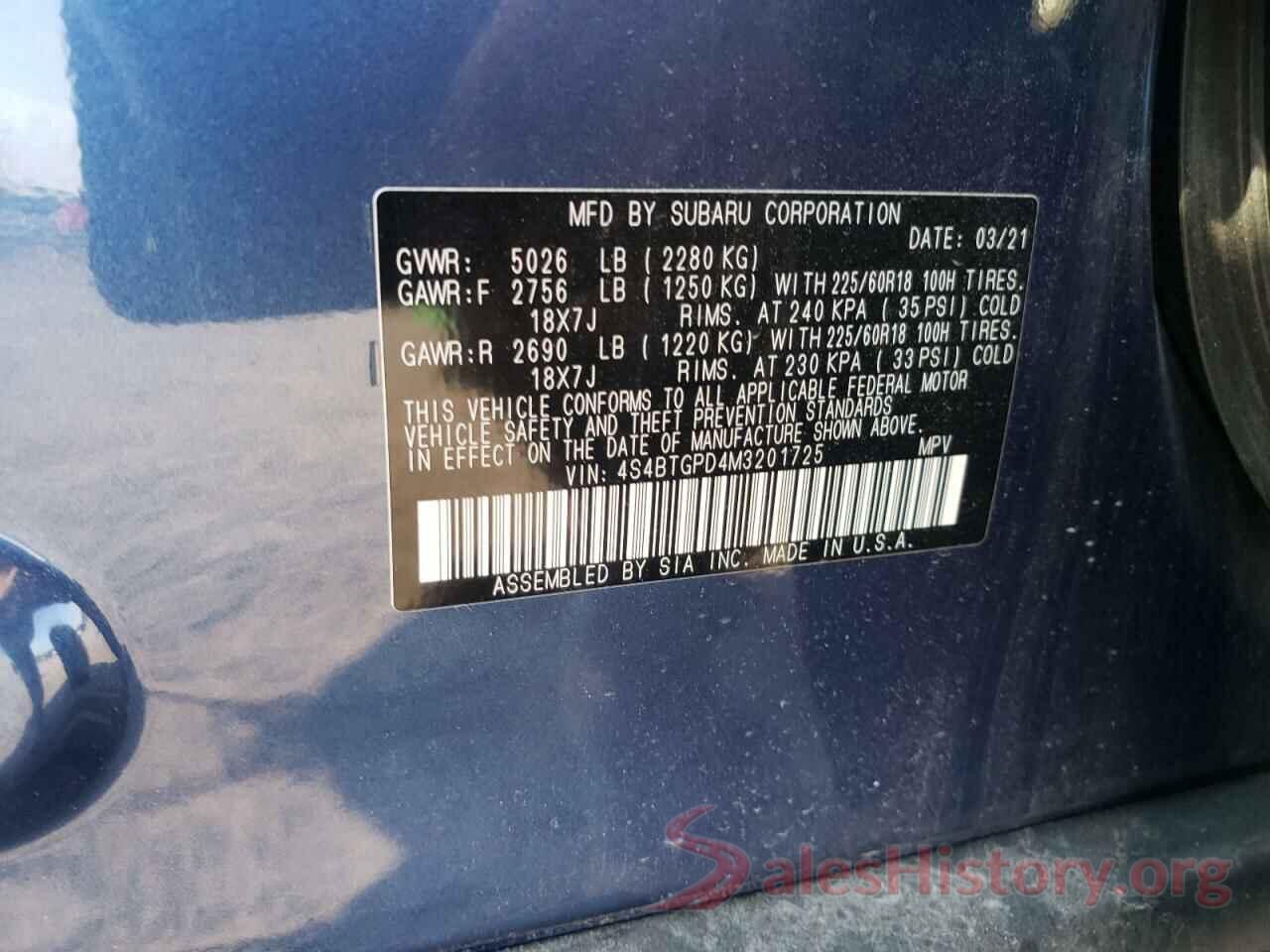 4S4BTGPD4M3201725 2021 SUBARU OUTBACK