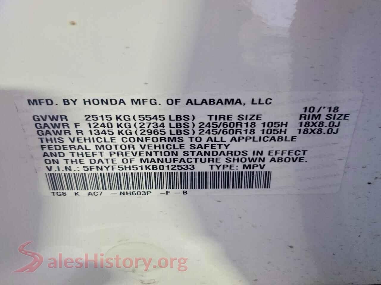 2019 HONDA PILOT VIN 5FNYF5H51KB012533, trunk area