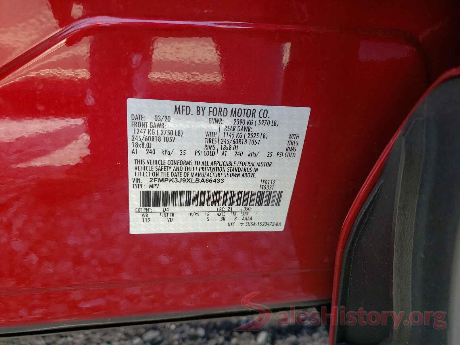 2FMPK3J9XLBA66433 2020 FORD EDGE