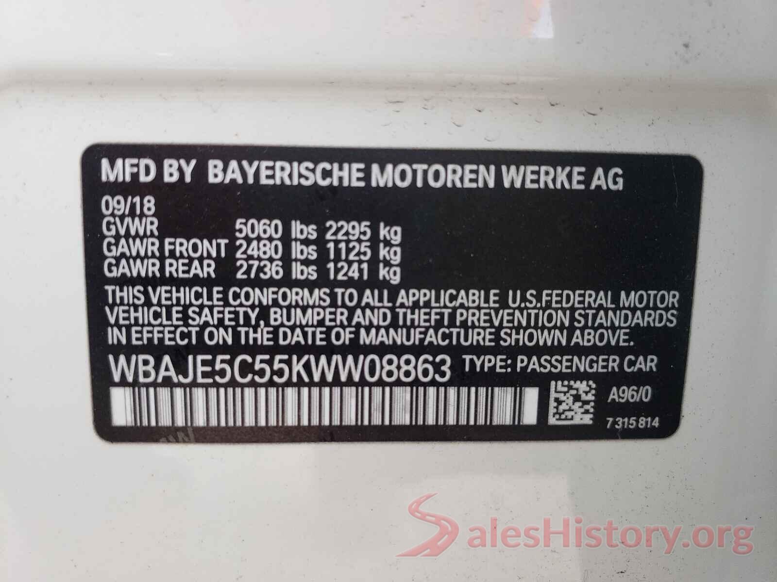 WBAJE5C55KWW08863 2019 BMW 5 SERIES