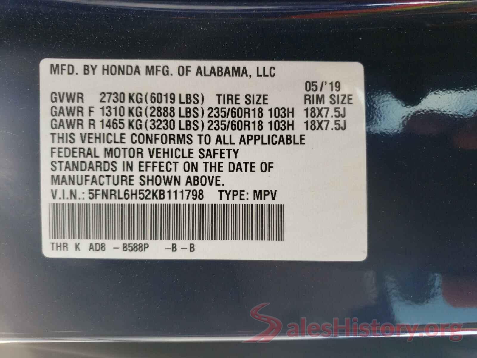 5FNRL6H52KB111798 2019 HONDA ODYSSEY