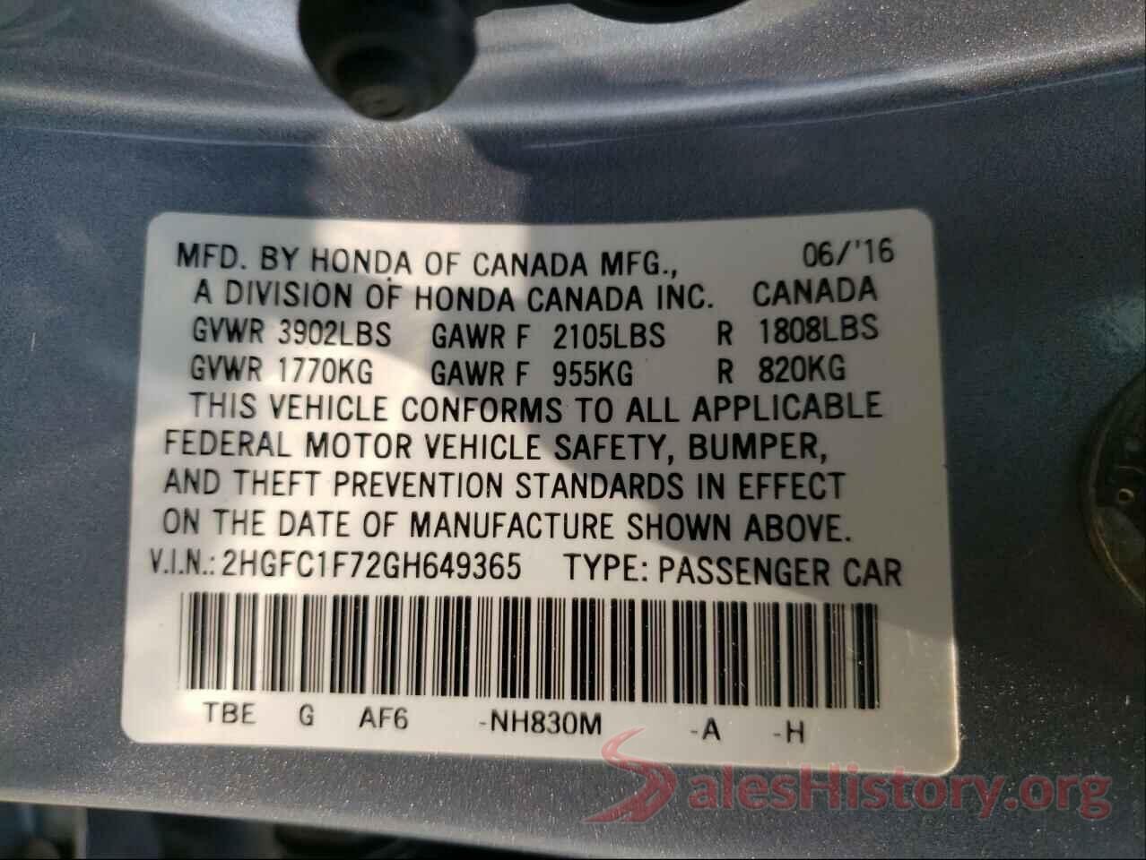 2HGFC1F72GH649365 2016 HONDA CIVIC