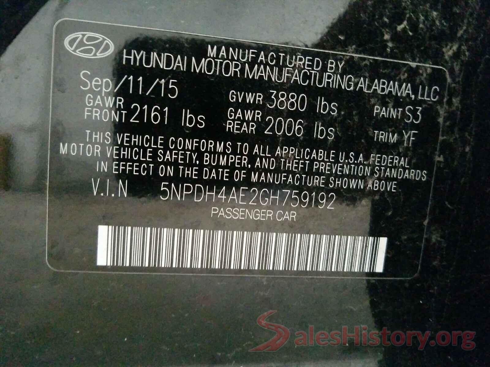 5NPDH4AE2GH759192 2016 HYUNDAI ELANTRA