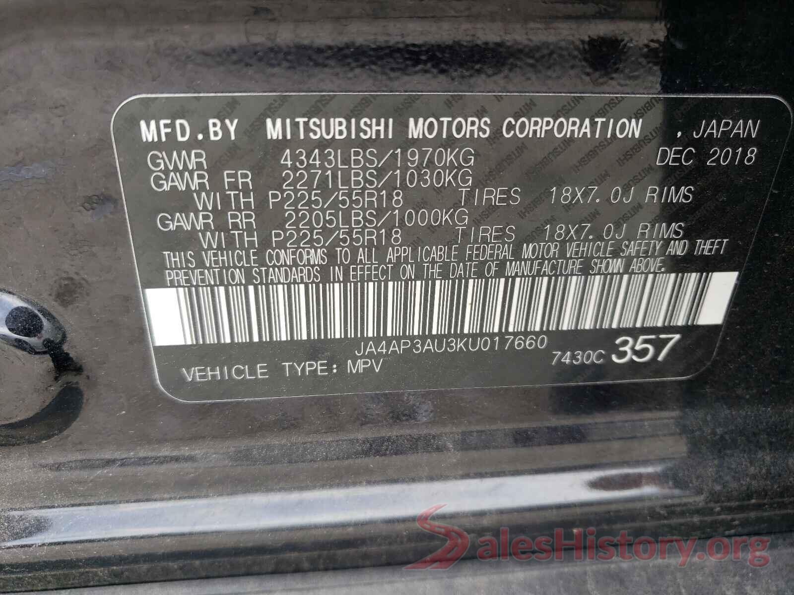 JA4AP3AU3KU017660 2019 MITSUBISHI OUTLANDER