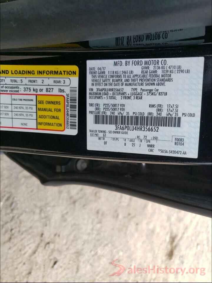 3FA6P0LU4HR356652 2017 FORD FUSION