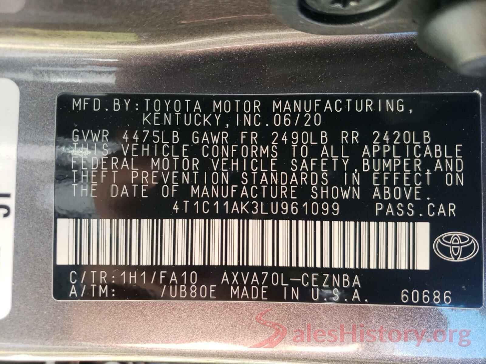 4T1C11AK1LU894373 2020 TOYOTA CAMRY