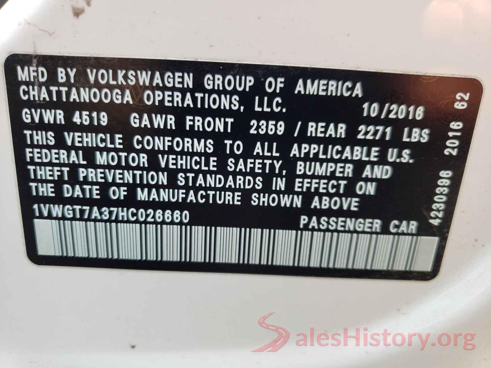 1VWGT7A37HC026660 2017 VOLKSWAGEN PASSAT