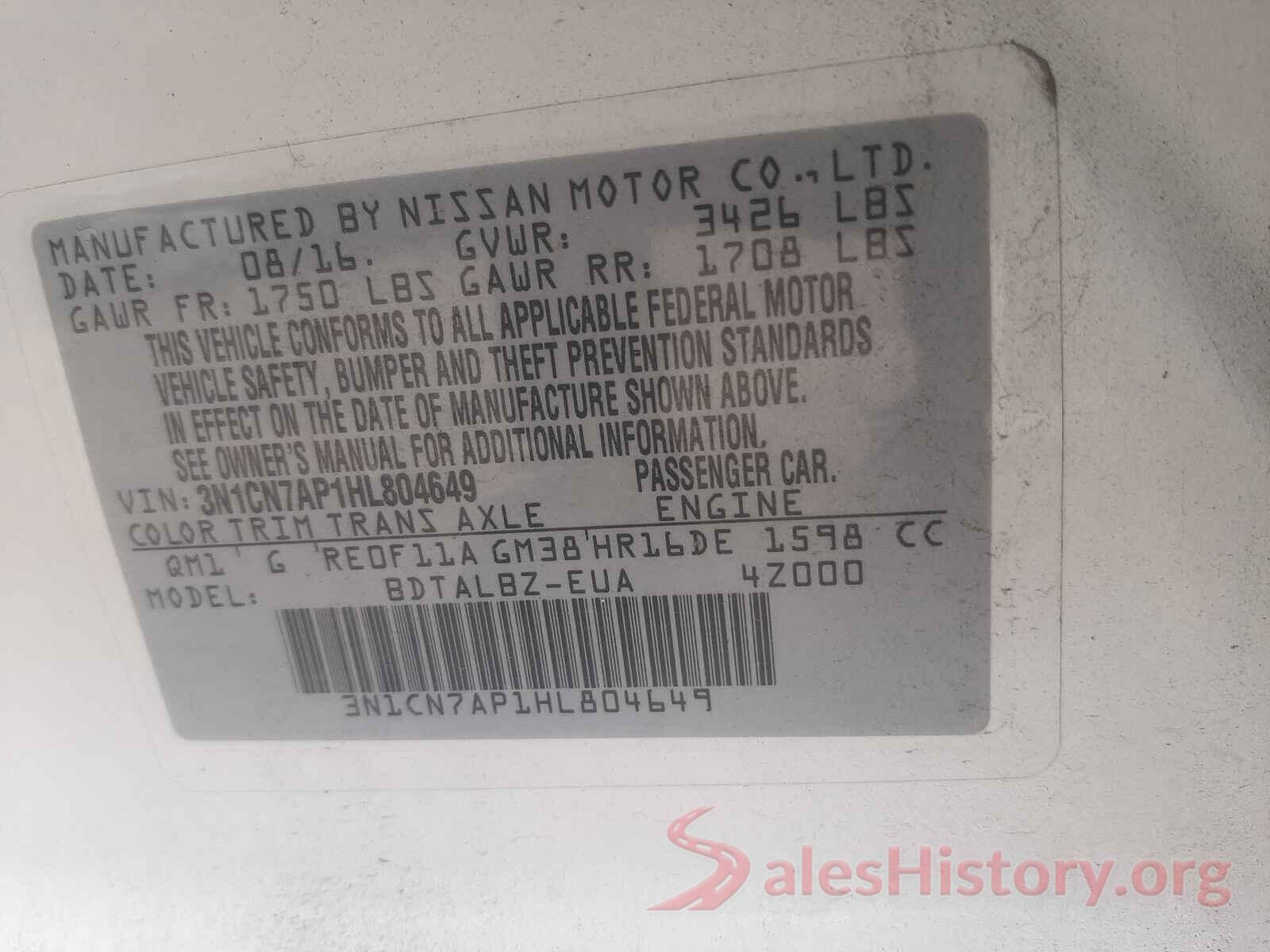 3N1CN7AP1HL804649 2017 NISSAN VERSA