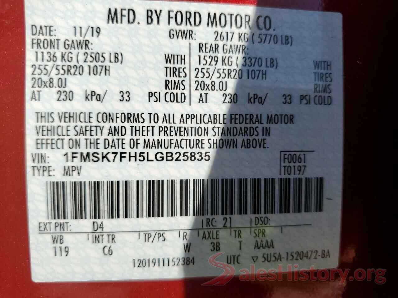 1FMSK7FH5LGB25835 2020 FORD EXPLORER