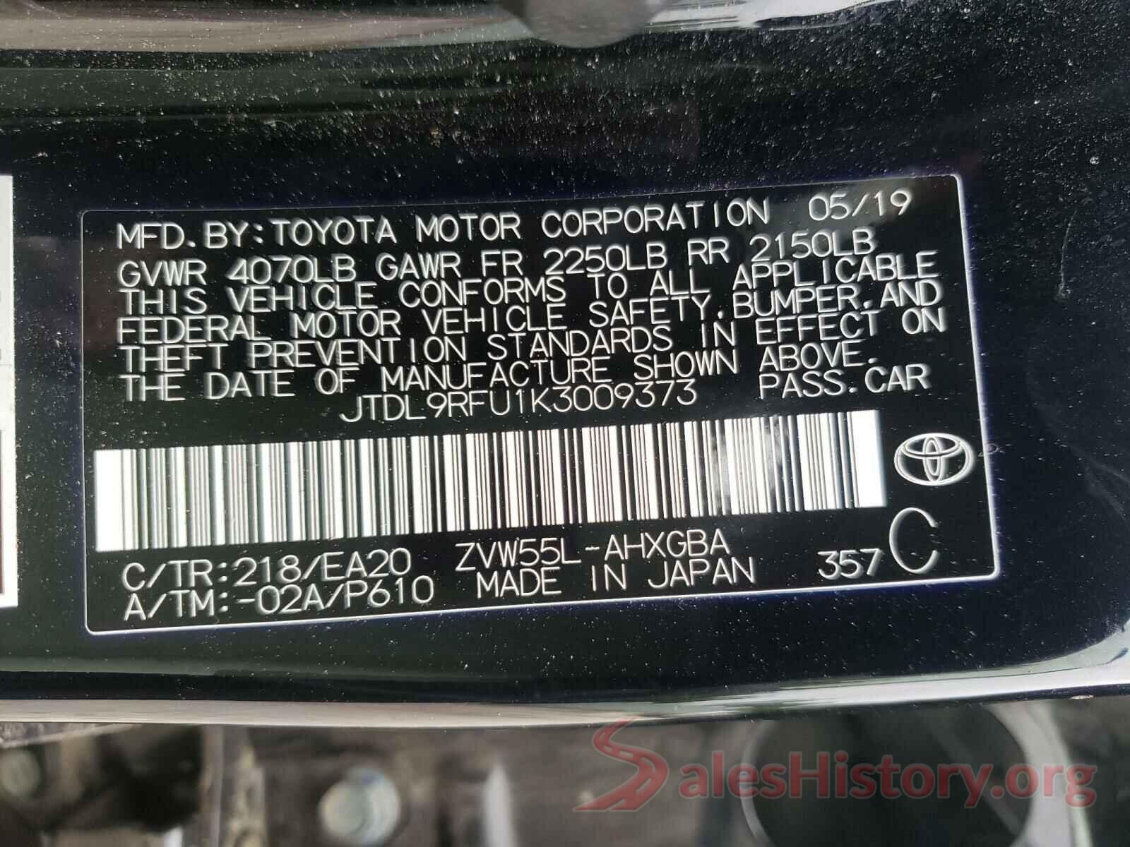 JTDL9RFU1K3009373 2019 TOYOTA PRIUS