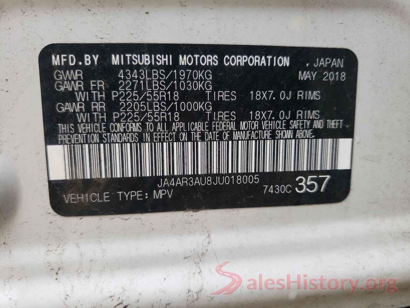 JA4AR3AU8JU018005 2018 MITSUBISHI OUTLANDER