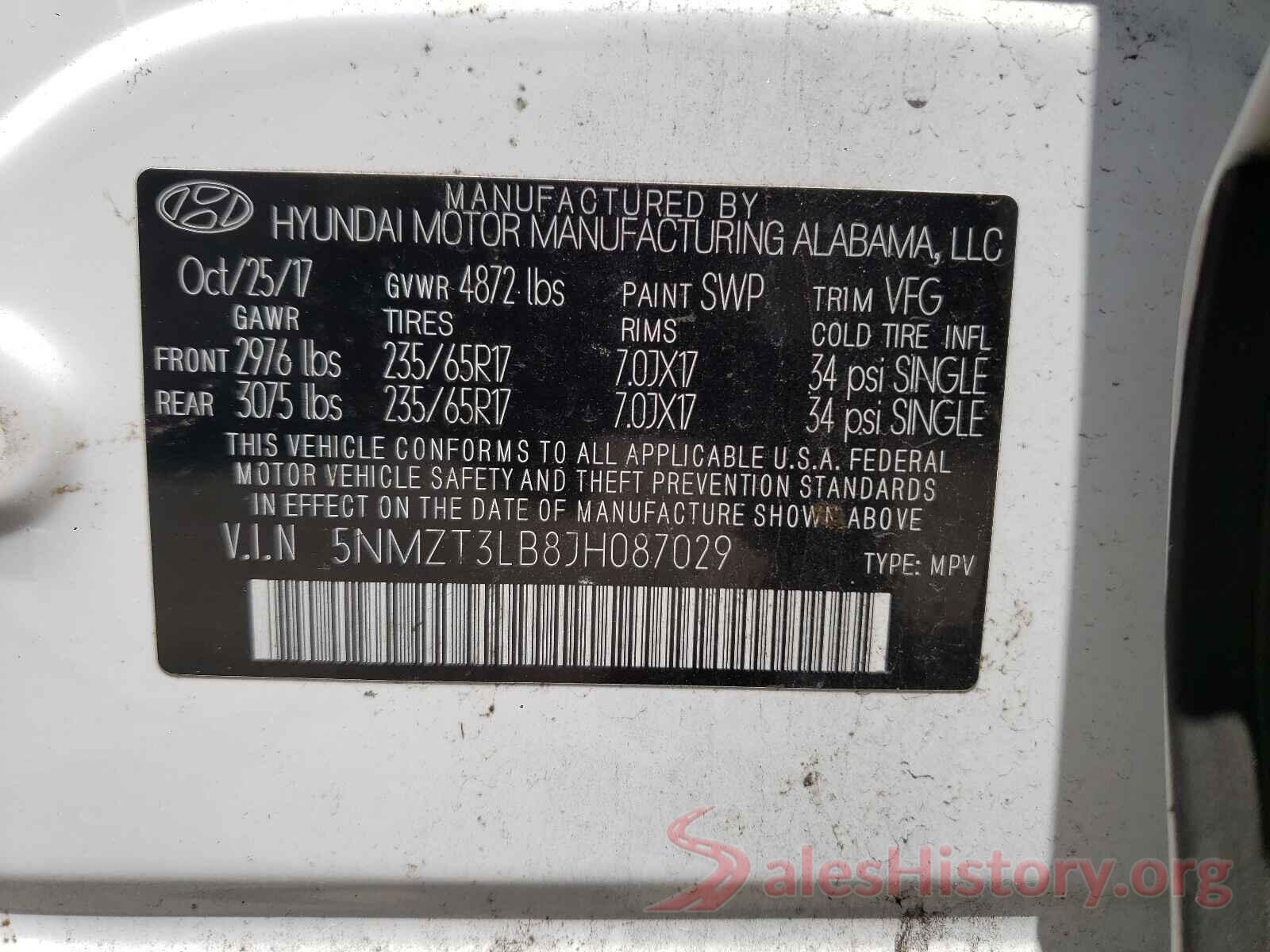 5NMZT3LB8JH087029 2018 HYUNDAI SANTA FE