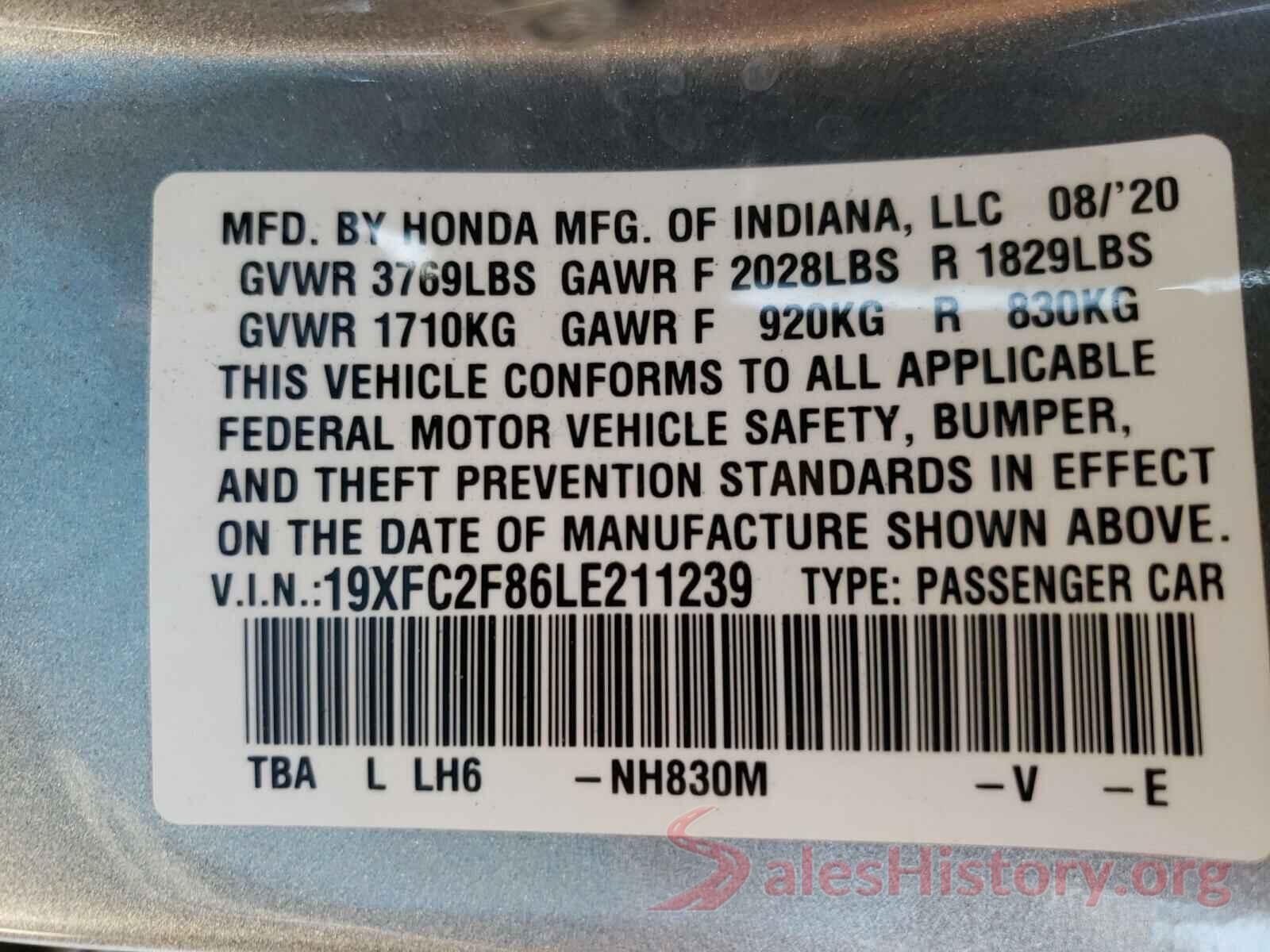 19XFC2F86LE211239 2020 HONDA CIVIC