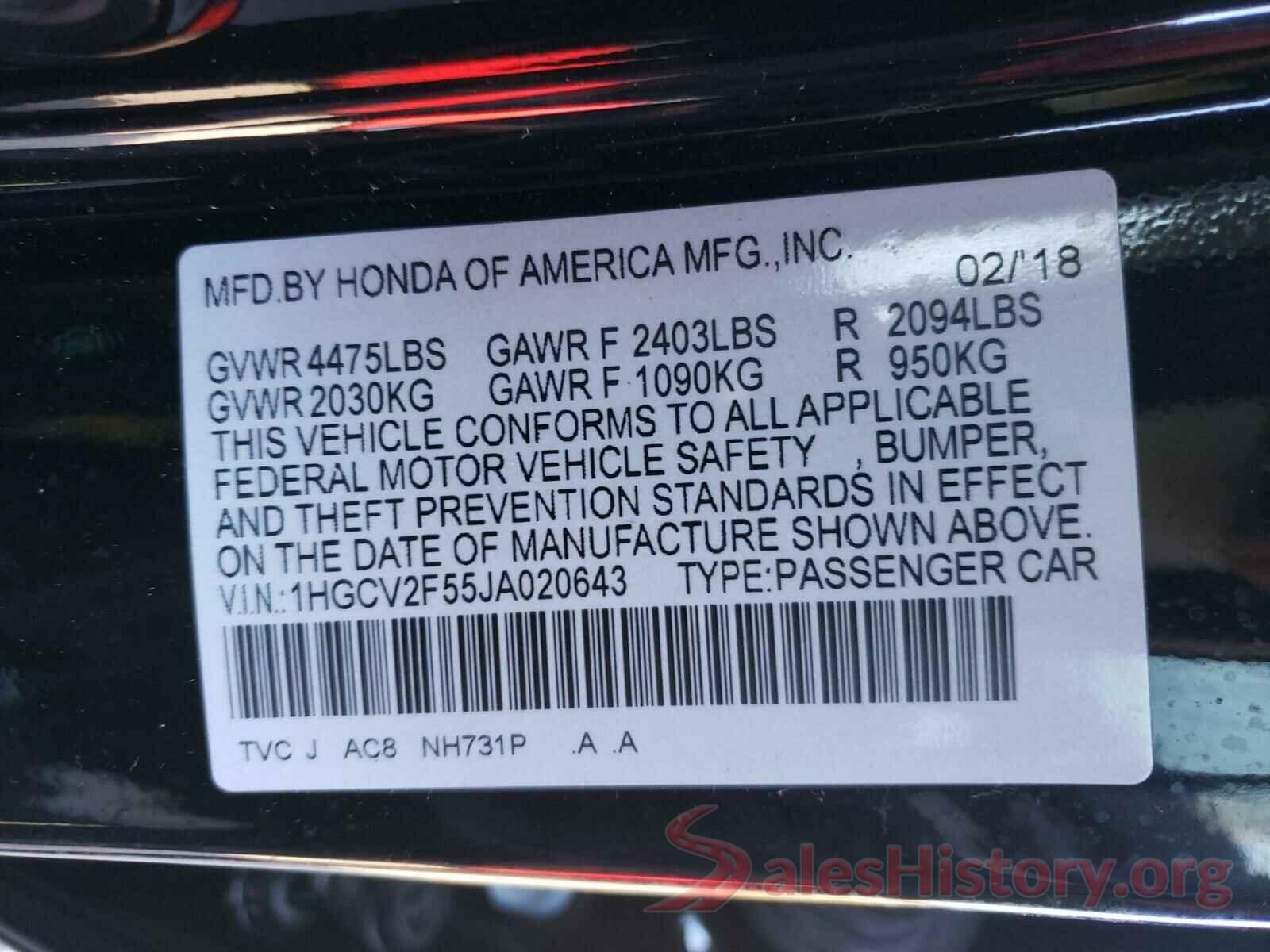 1HGCV2F55JA020643 2018 HONDA ACCORD