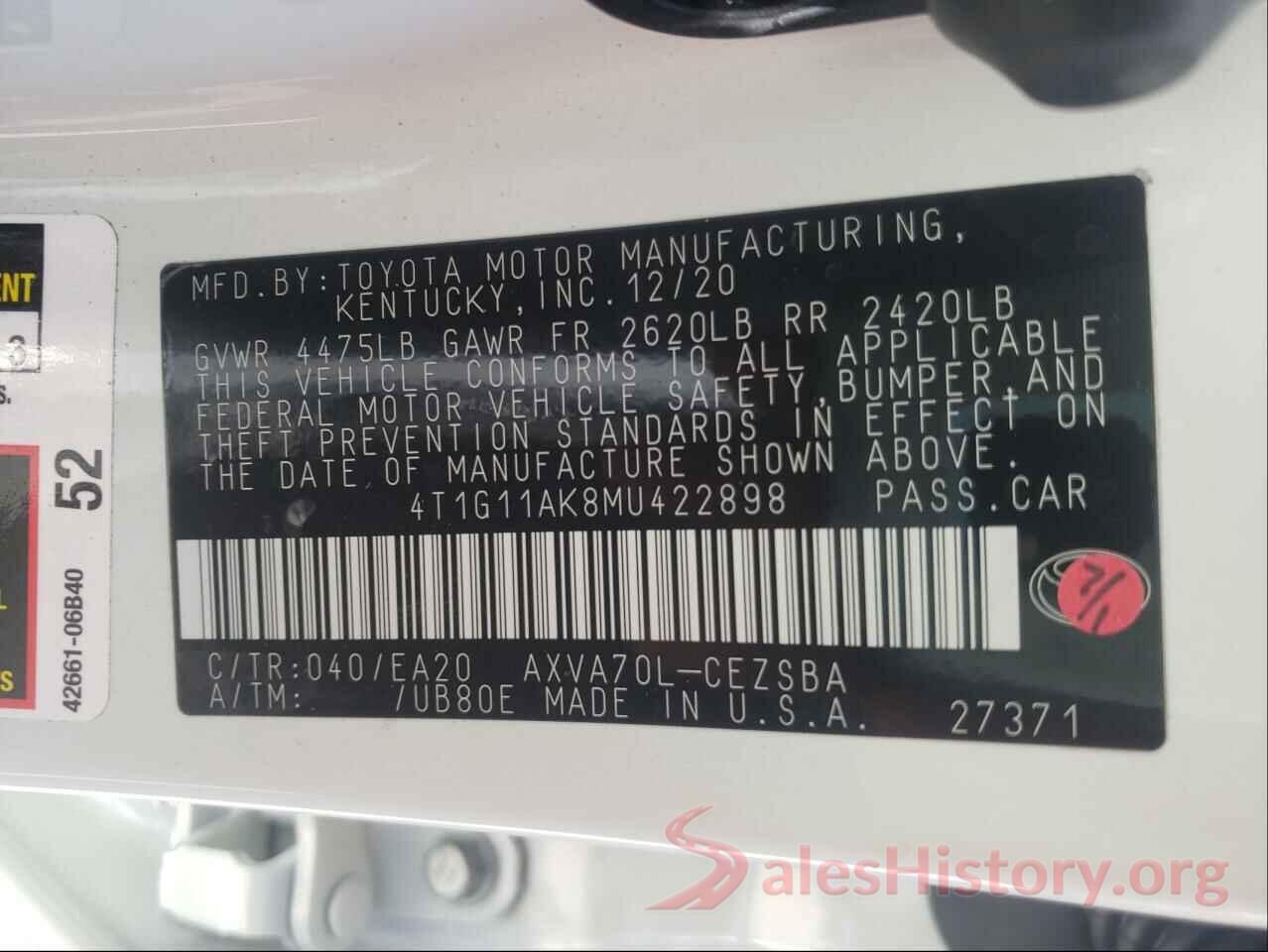 4T1G11AK8MU422898 2021 TOYOTA CAMRY