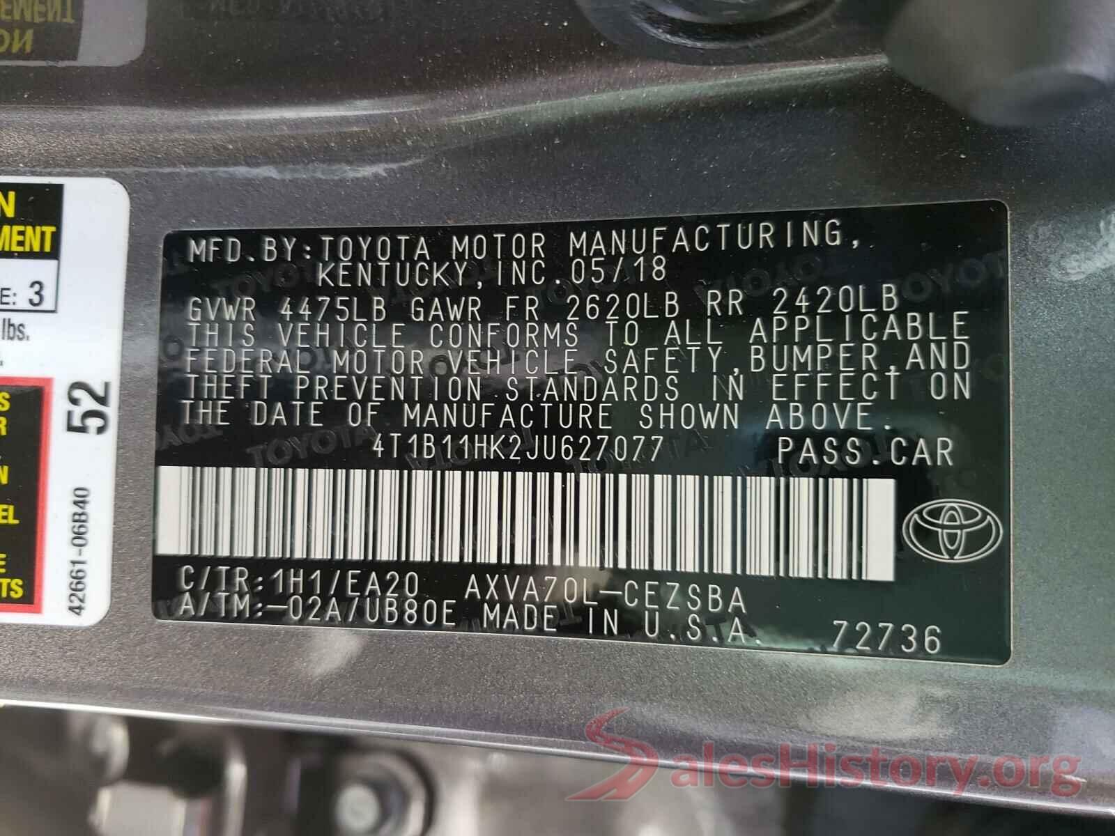 4T1B11HK2JU627077 2018 TOYOTA CAMRY